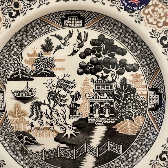 Royal Stafford Black Gold Asian Garden Willow Pagoda Dinner Plates Set of 4 New - Picture 15 of 16